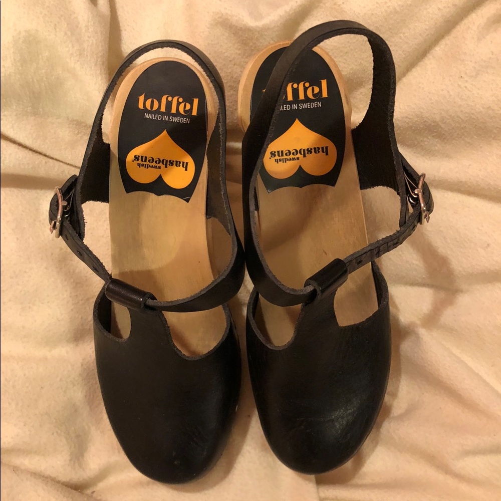 Swedish Hasbeens Black Heeled Clogs